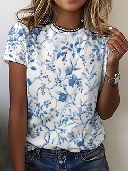 

Floral Loosen Crew Neck Short Sleeve T-Shirt, Blue, T-shirts