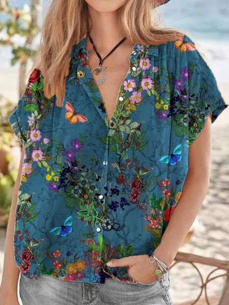 

JFN Shirt Collor Vacation Floral Short Sleeve Blouse, Green, Shirts