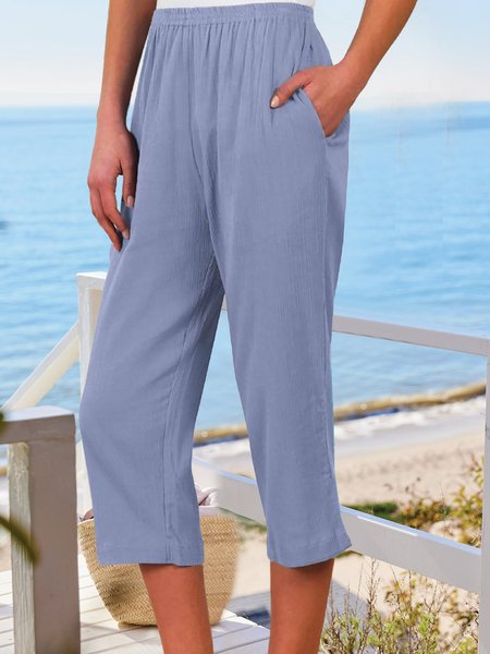 

Casual Vacation Crinkle Elastic Waist Capri Pants, Blue, Pants