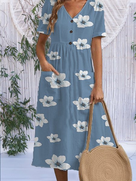 

Casual Vacation Loose Short Sleeve V-Neck Button Pocket Midi Dress, Blue, Dresses