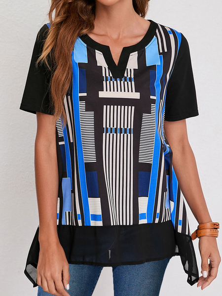 

Geometric Casual V Neck Loosen Short Sleeve Tops, Multicolor, Shirts & Blouses