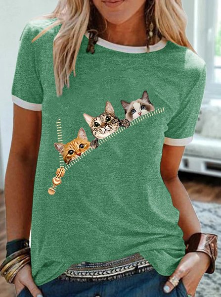 

Casual Simple Print Crew Neck Ringer Tee, Green, T-shirts