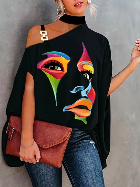 

Elegant Printed Asymmetrical Neck Short Sleeve Abstract Top, Black, Blouses and Shirts