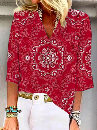 

Regular Fit Casual Tribal V neck Mid Sleeve T-Shirt, Red, Shirts & Blouses