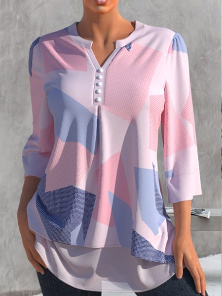 Color Block Notched Loosen Long Sleeve Tops, Pink, Shirts & Blouses