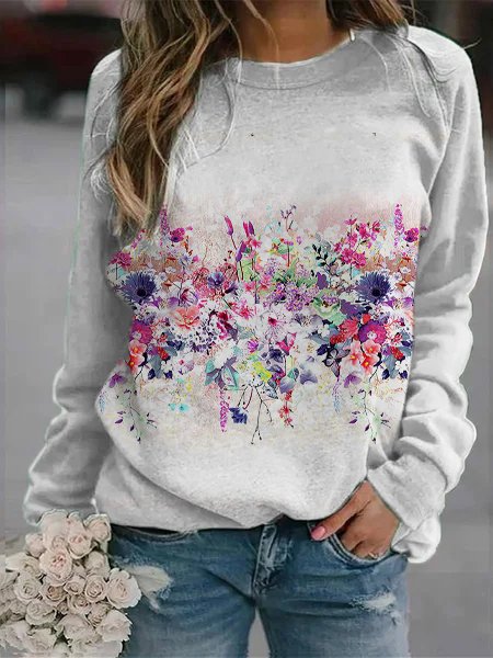 

Crew Neck Casual Floral Sweatershirt, Light gray, Tops