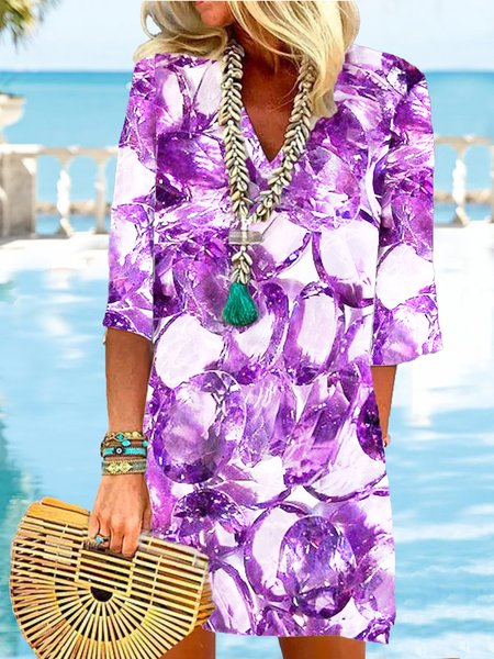 

Abstract Printed Casual Vacation V-neck Short Sleeve Knee-length Dress, Purple, Dresses