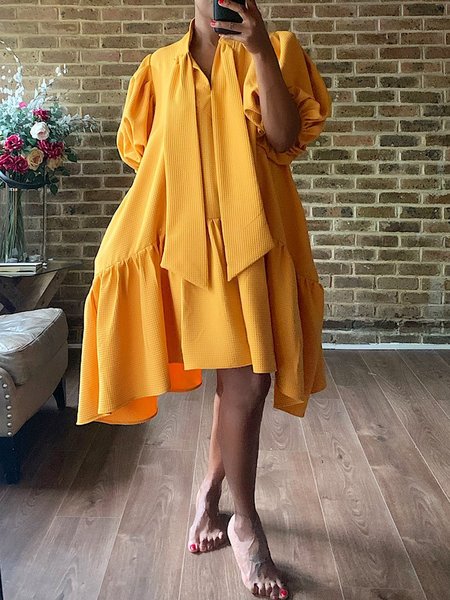 

Tie Neck Loosen Vacation Short Sleeve Woven Dress, Yellow, Midi Dresses