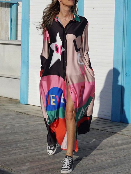 

Abstract Vacation Long Sleeve Woven Dress, Multicolor, Maxi Dresses