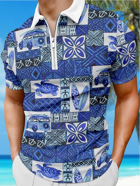 

Holiday Style Hawaiian Series Botanical Flower Turtle Car eElement Pattern Lapel Short-Sleeved Polo Print Top, Blue, Men's t-shirts
