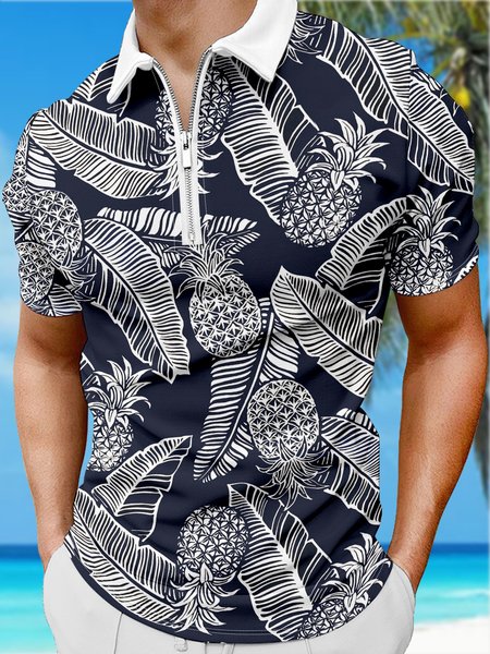 

Holiday Style Hawaiian Series Plant Leaf Pineapple Element Pattern Lapel Short-Sleeved polo Print Top, Deep blue, Men's t-shirts