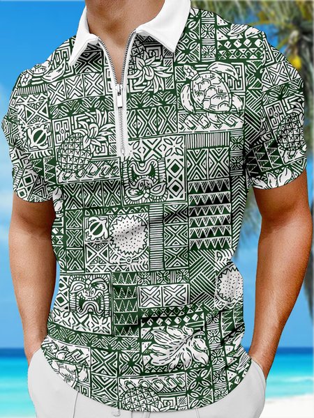 

Resort Style Hawaiian Series Geometric Leaf Turtle Element Pattern Lapel Short-Sleeved Polo Print Top, Green, Men's t-shirts
