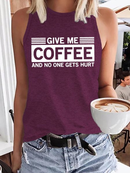 

Funny 'Give Me Coffee and No One Gets Hurt' Letter Print Casual, Wine red, Tank Tops