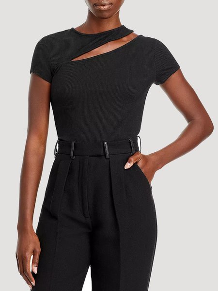 

Simple Notched Short Sleeve T-Shirt, Black, Tees