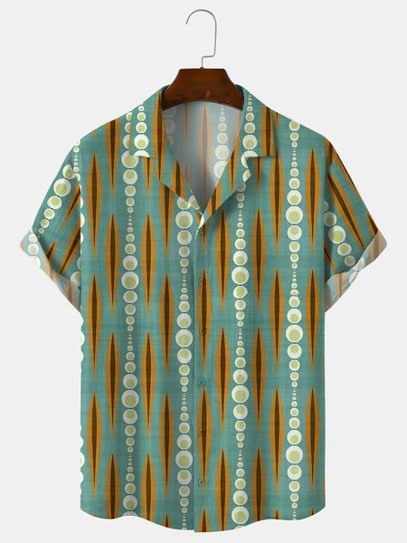 

Cotton Linen Geometric Print Casual Short Sleeve Shirt, As picture, Men's Floral shirt