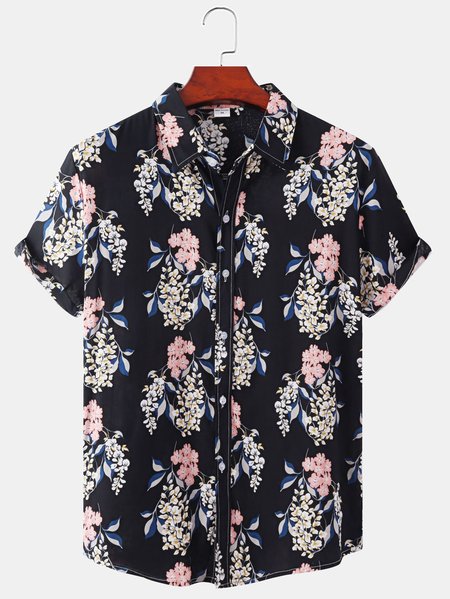

Vacation Short Sleeve Cotton Blends Floral Short Sleeve Shirt, Black, Shirts ＆ Blouse