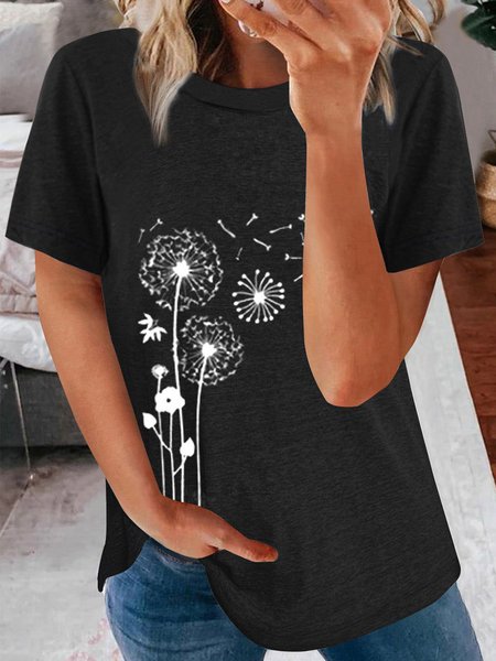 

Loosen Casual Dandelion Short Sleeve T-Shirt, Black, Tees & T-shirts