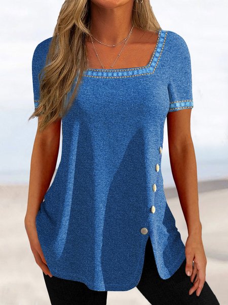 

Square Neck Plain Short Sleeve Tops, Blue, Tunics