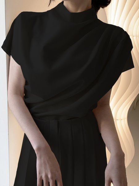 

White Daily Plain Simple Short Sleeve Top, Black, Tops