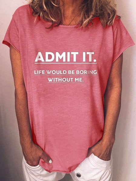 

Letter Casual Loosen Short Sleeve T-Shirt, Pink, T-Shirts