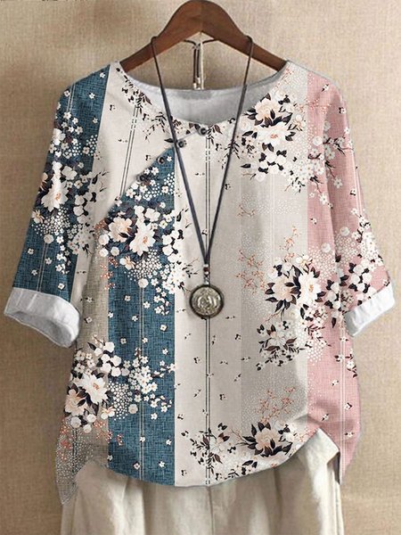 

Buttoned Casual Color Block Floral Mid Sleeve Blouse, Multicolor, Shirts & Blouses