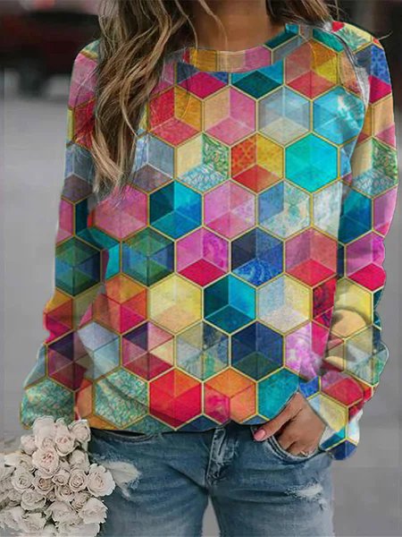 

Raglan Sleeve Crew Neck Loose Geometric Sweatshirts, Multicolor, Sweatshirts & Hoodies