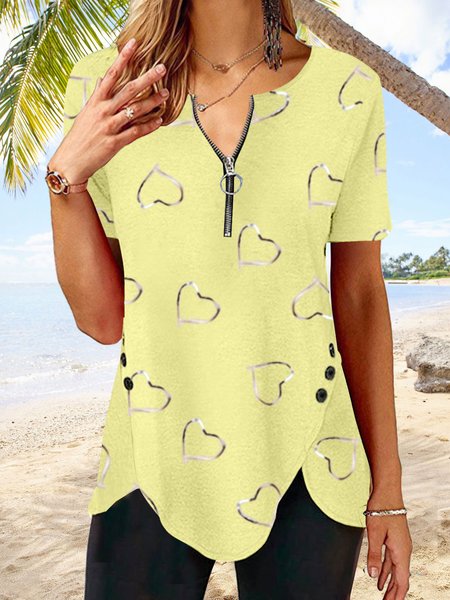 

Basic simple love button zipper irregular hem top T-shirt tunic Gliter Sequins, Yellow, Shirts & Blouses