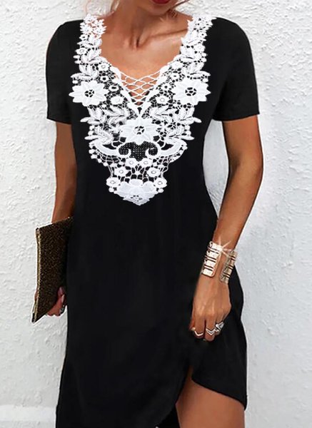 

Black Elegant Lace Panel Short Sleeve Dress, Dresses