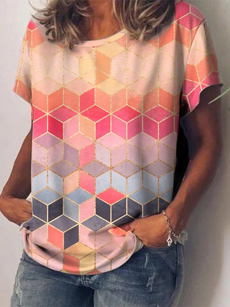 

Geometric Round Neck Casual Short Sleeve T-Shirt, Multicolor, T-Shirts