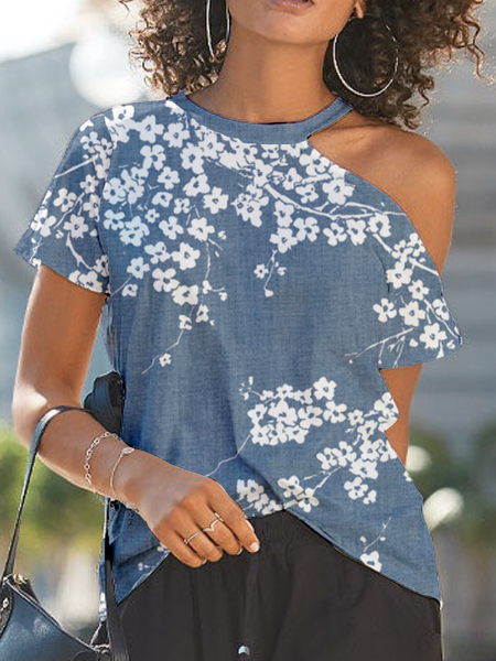 

Vintage One Shoulder Short Sleeve Tops, Blue, Tees & T-shirts