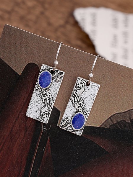 

Ethnic Vintage Textured Blue Gemstone Geometric Earrings, Silver, Earrings