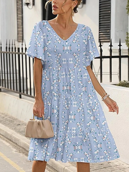 

Cotton Blends Loosen V Neck Short Sleeve Knit Dress, Blue, Mini Dresses