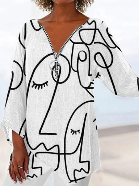 

Geometric Casual Long Sleeve Tops, White, Shirts & Blouses