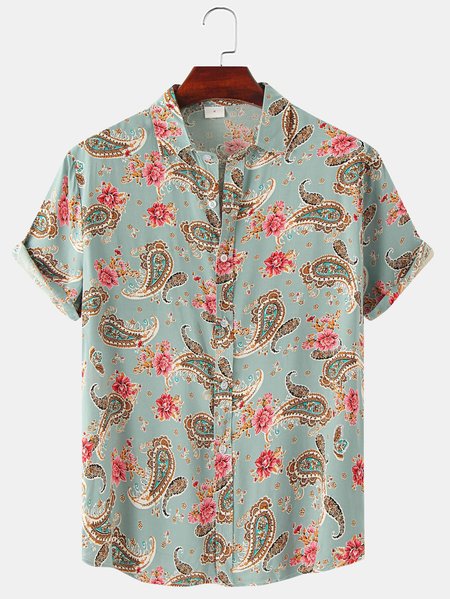

Cotton Blends Short Sleeve Shirt Collar Floral Short Sleeve Shirt, Green, Shirts ＆ Blouse