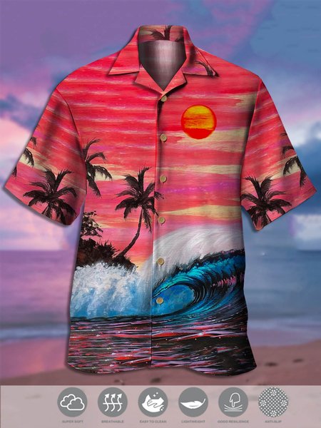

Men's Botanical Oil Painting Print Moisture Wicking Fabric Trendy Hawaiian Collar Short Sleeve Shirt, Red, Men's Floral shirt