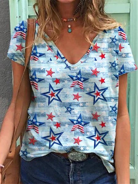 Star Casual V Neck Short Sleeve T-Shirt, Blue, Tops