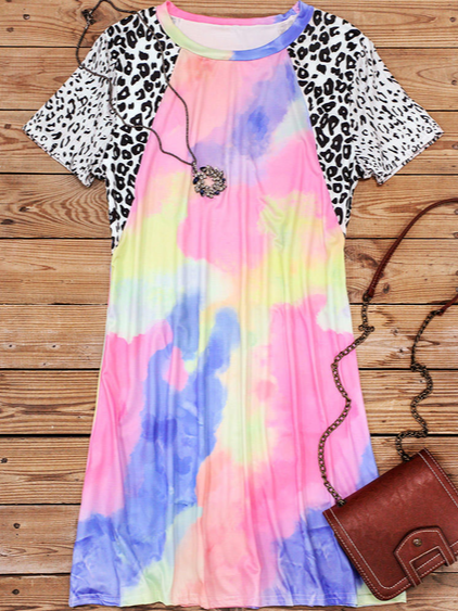 

Vacation Loosen Crew Neck Short Sleeve Knit Dress, Multicolor, Dresses