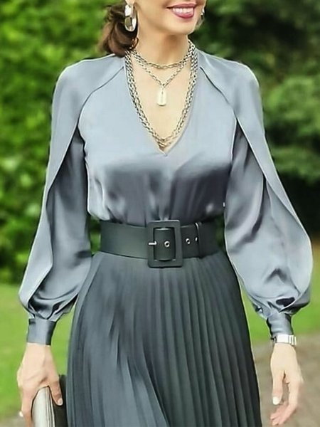 

V Neck Elegant Regular Fit Long Sleeve Blouse, Gray, Blouses and Shirts