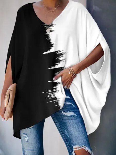 

V Neck Simple Batwing Abstract Short Sleeve Top, White, Tops