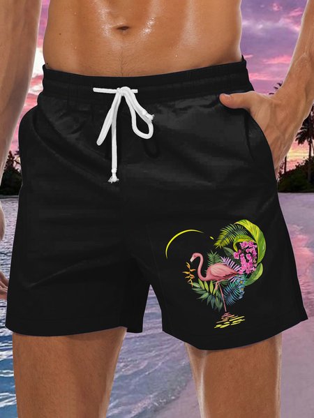 

Flamingo Graphic Men's Casual Beach Shorts, Black, Men's shorts