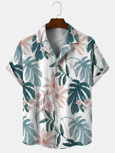 

Cotton and Linen Botanical Floral Print Cozy Linen Shirt, As picture, Men's Floral shirt