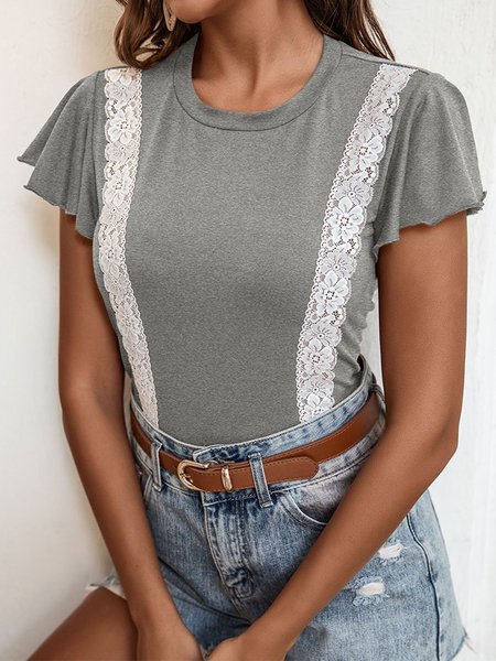 

Lace Elegant Frill Sleeve T-Shirt, Gray, T-Shirts