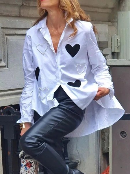 

Loosen Simple Long Sleeve Heart Blouse, White, Blouses and Shirts