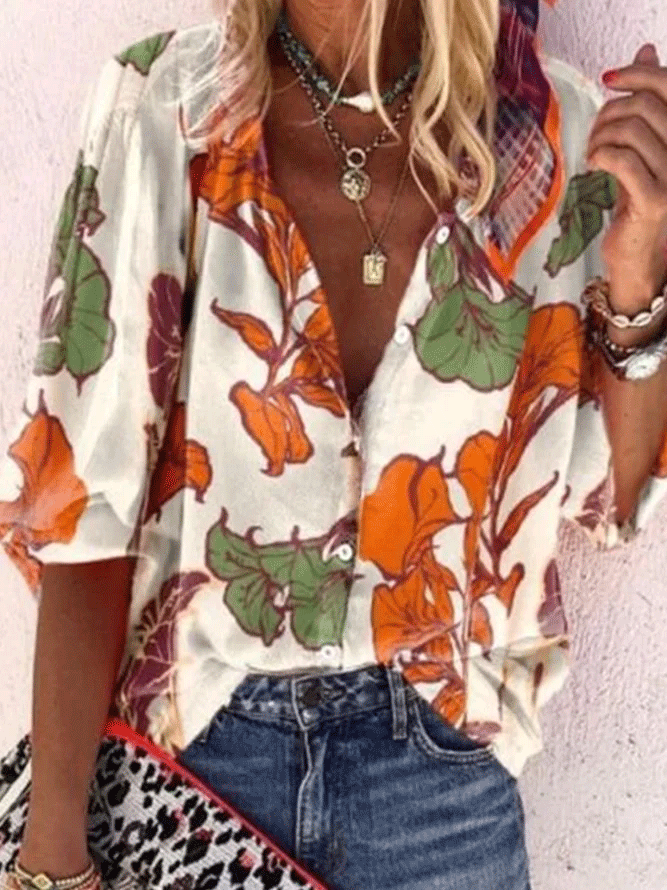 

Vacation Floral Buttoned Mid Sleeve Blouse, Multicolor, Tops