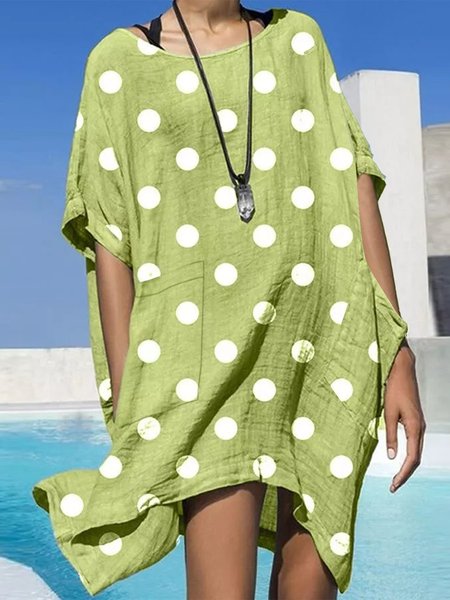

Pockets Polka Dots Casual Short Sleeve Woven Dress, Green, Dresses