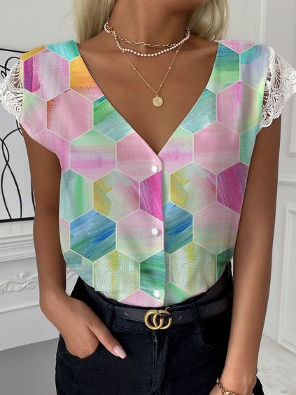 

Casual Geometric Short Sleeve Blouse, Multicolor, Shirts & Blouses