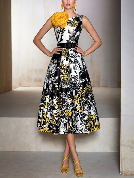 

Elegant Crew Neck Floral Sleeveless Midi Dress, Multicolor, Midi Dresses