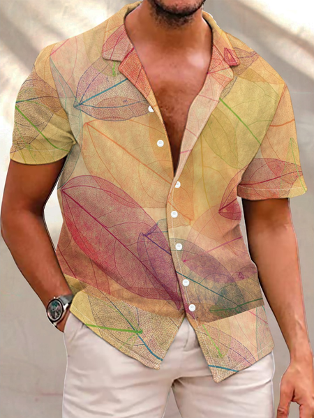 

Leaves Print Short Sleeve Leaves Casual Shirts, As picture, Short Sleeves Shirts