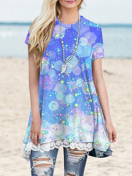 

Lace Hem Panel Short Sleeve Loose Top, Blue, Shirts & Blouses