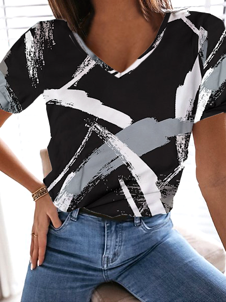 

Black and white contrast color Loosen V Neck Casual Short Sleeve T-Shirt, T-Shirts